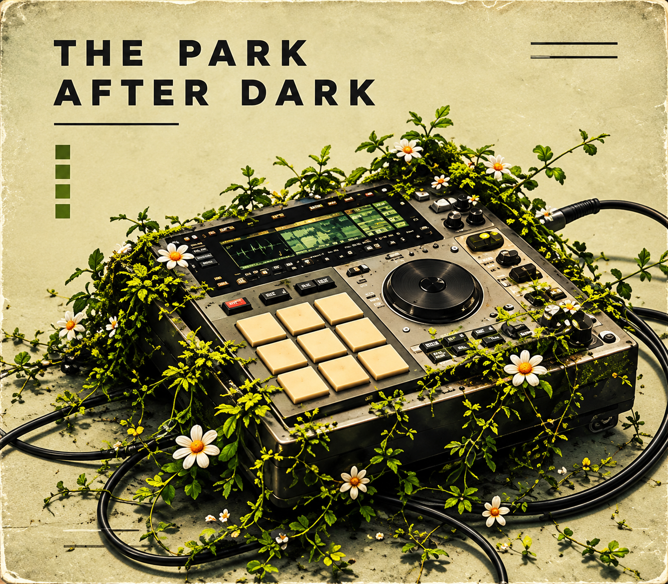Vintage sampler covered in greenery and white flowers, with The Park After Dark written above it